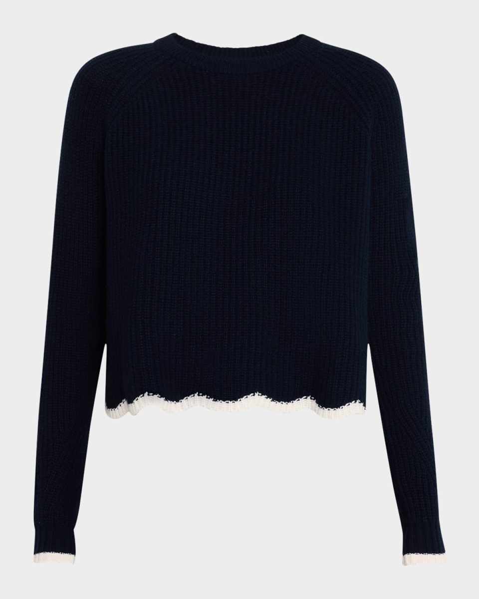 Tipped Scallop Shaker-Knit Crewneck Cashmere Sweater